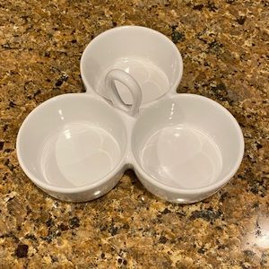 Crate & Barrel White 3 Part Divided Serving Dip Dish Loop Handle